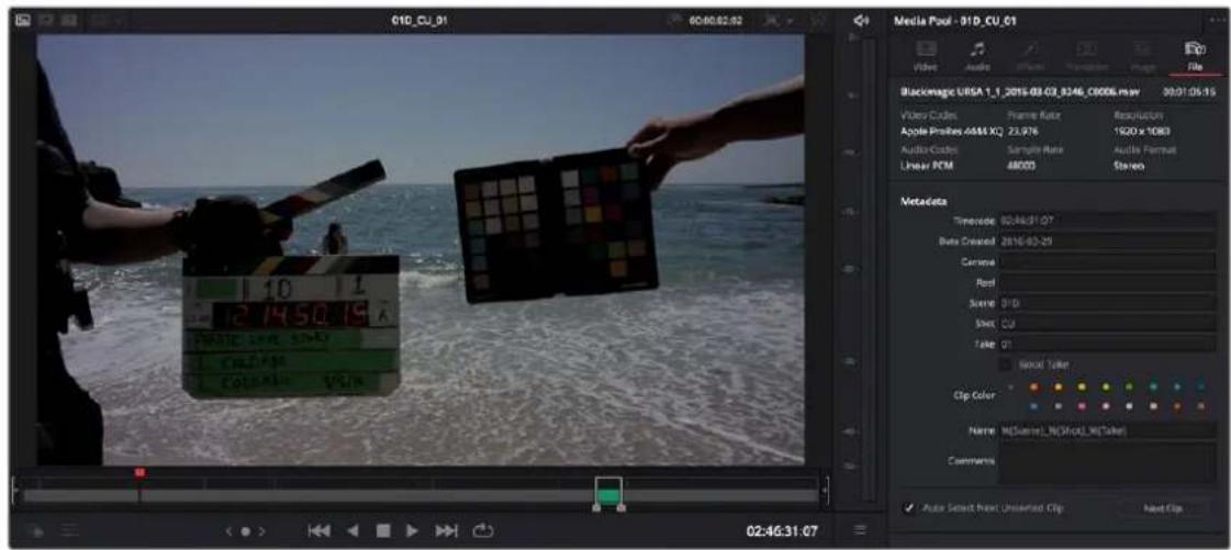 010_CU_01 00:46:32:52 Media Pool - 910_CU_01 Video Audio Audio Transfer Page File Blackmagic UBSA 1_1_2015-08-CU_8246_00006.mw 00:01:05:15 Video Codes Frame Rate Recognition Audio Preshues A&M XQ 23.976 1920 x 1083 Audio Codes Sample Rate Audio Format Linear PCM 48005 Stereo Metadata Timecode 00:46:31:07 Bates Created 2015-03-29 Camera Red Scene 01:0 Shot CU Take Q1 Signal Teller Clip Color Name M(Square_LN(Fical_M(Taker)) Comments Auto Select Next Unsefired Clip Next Clip 02:46:31:07