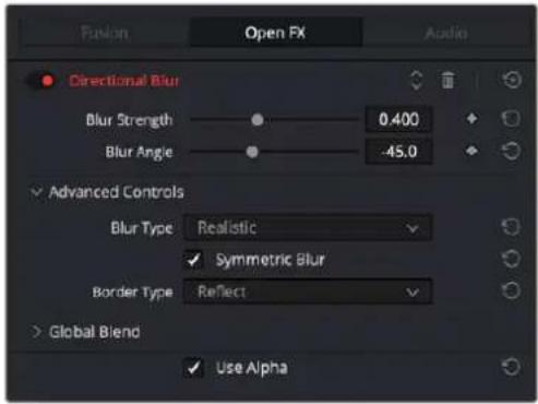 Fusion Open FX Audio Directional Blur Blur Strength 0.400 Blur Angle -45.0 Advanced Controls Blur Type Realistic ✓ Symmetric Blur Border Type Reflect Global Blend ✓ Use Alpha