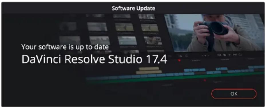Software Update Your software is up to date DaVinci Resolve Studio 17.4 OK