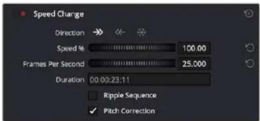Speed Change Direction → ↔ ↕ Speed % 100.00 Frames Per Second 25.000 Duration 00:00:23:11 Ripple Sequence ✓ Pitch Correction