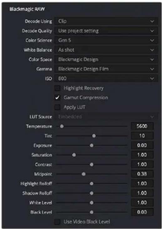 Blackmagic RAW Decode Using Clip Decode Quality Use project setting Color Science Gen 5 White Balance As shot Color Space Blackmagic Design Gamma Blackmagic Design Film ISO 800 Highlight Recovery ✓ Garnut Compression Apply LUT LUT Source Embedded Temperature 5600 Tint 1.0 Exposure 0.00 Saturation 1.00 Contrast 1.00 Midpoint 0.38 Highlight Rolloff 1.00 Shadow Rolloff 1.00 White Level 1.00 Black Level 0.00 Use Video Black Level