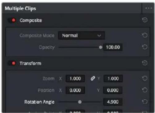 Multiple Clips Composite Composite Mode Normal Opacity 100.00 Transform Zoom X 1.000 Y 1.000 Position X 0.000 Y 0.000 Rotation Angle 4.900
