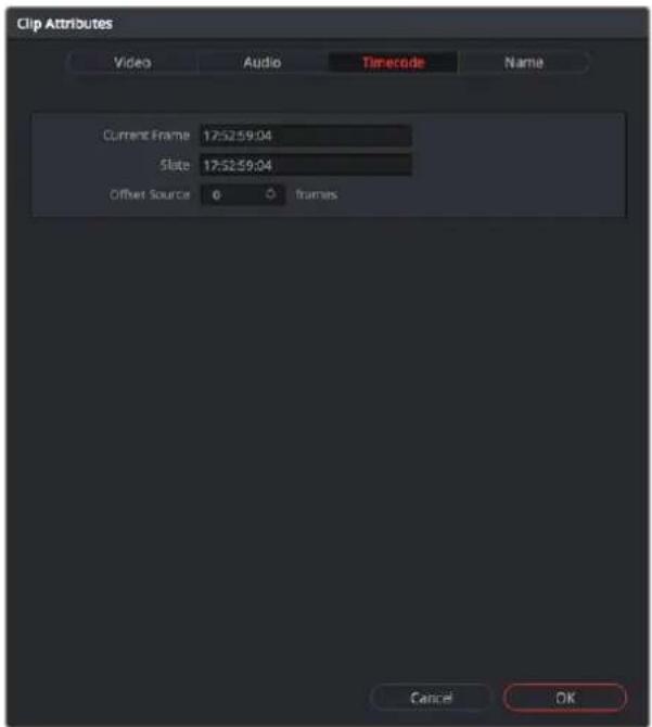 Clip Attributes Video Audio Timecode Name Current Frame 17:52:59:04 Slate 17:52:59:04 Offset Source 0 frames Cancel OK