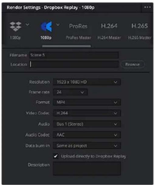 Render Settings - Dropbox Replay - 1080p 1080p 1080p ProRes H.264 H.265 ProRes Master H.264 Master H.265 Master Filename Scene 5 Location Browse Resolution 1920 x 1080 HD Frame rate 24 Format MP4 Video Codec H.264 Audio Bus 1 (Stereo) Audio Codec AAC Data burn-in Same as project Upload directly to Dropbox Replay Description