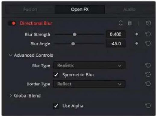 Fusion Open FX Audio Directional Blur Blur Strength 0.400 Blur Angle -45.0 Advanced Controls Blur Type Realistic ✓ Symmetric Blur Border Type Reflect > Global Blend ✓ Use Alpha