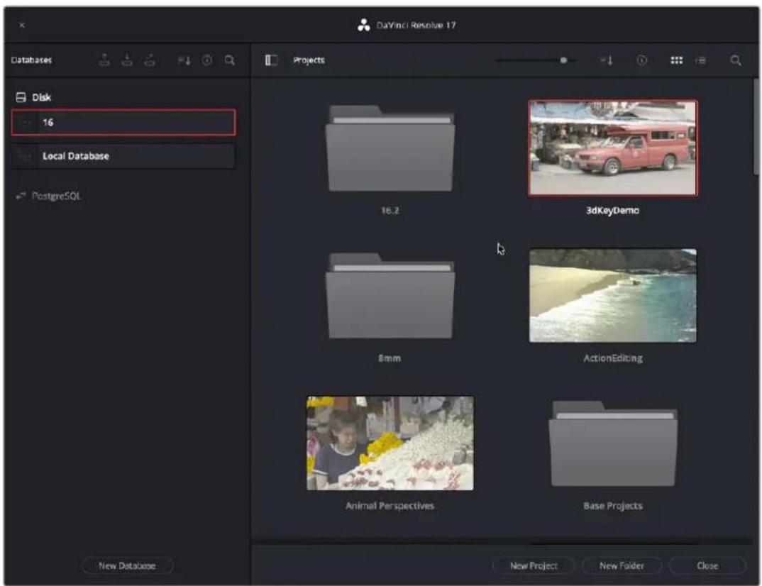 DaYinci Resolve 17 Databases Projects Disk 16 Local Database PostgreSQL 16.2 3dKeyDemo 8mm ActionEditing Animal Perspectives Base Projects New Database New Project New Folder Close