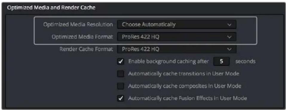 Optimized Media and Render Cache Optimized Media Resolution Choose Automatically Optimized Media Format ProRes 422 HQ Render Cache Format ProRes 422 HQ ✓ Enable background caching after 5 seconds ☐ Automatically cache transitions in User Mode ☐ Automatically cache composites in User Mode ✓ Automatically cache Fusion Effects in User Mode
