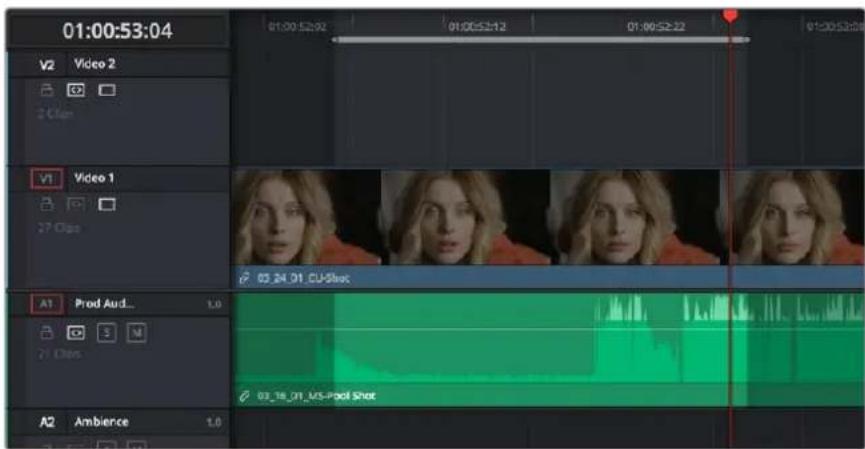 01:00:53:04 01:00:52:02 01:00:52:12 01:00:52:22 01:00:53:08 V2 Video 2 2 Clips V1 Video 1 27 Clips A1 Prod Aud... 1.0 S M 27 Clips A2 Ambience 1.0 03_24_01_CU-Shok 03_18_01_MS-Pool Shot