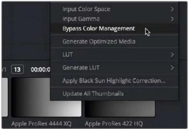 Input Color Space > Input Gamma > Bypass Color Management Generate Optimized Media LUT > Generate LUT > Apply Black Sun Highlight Correction... Update All Thumbnails 13 00:00:0 Apple ProRes 4444 XQ Apple ProRes 422 HQ