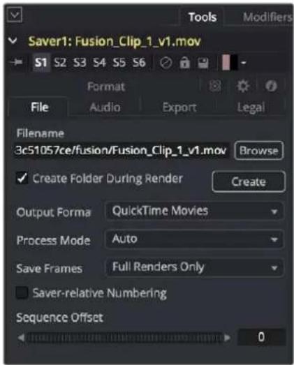 Saver1: Fusion_Clip_1_v1.mov S1 S2 S3 S4 S5 S6 Format File Audio Export Legal Filename 3c51057ce/fusion/Fusion_Clip_1_v1.mov Browse ✓ Create Folder During Render Create Output Forma QuickTime Movies Process Mode Auto Save Frames Full Renders Only □ Saver-relative Numbering Sequence Offset 0