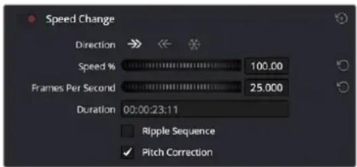 Speed Change Direction → ↔ ✕ Speed % 100.00 Frames Per Second 25.000 Duration 00:00:23:11 ■ Ripple Sequence ✓ Pitch Correction