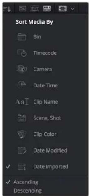 Sort Media By Bin Timecode Camera Date Time Clip Name Scene, Shot Clip Color Date Modified Date Imported Ascending Descending