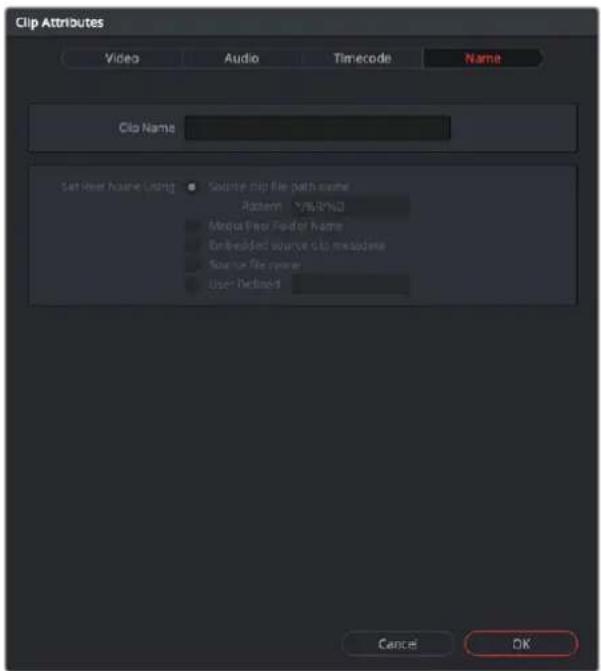 Clip Attributes Video Audio Timecode Name Clip Name Set User Name Using Source Clip File Path Name Pattern 1782PND Media Clip Finder Name Embedded source clip msadine Source file power User-Enabled Cancel OK