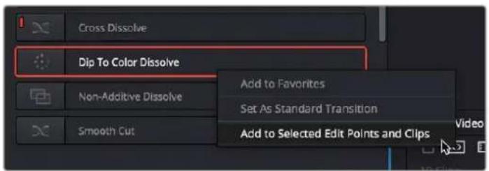 Cross Dissolve Dip To Color Dissolve Non-Additive Dissolve Smooth Cut Add to Favorites Set As Standard Transition Add to Selected Edit Points and Clips