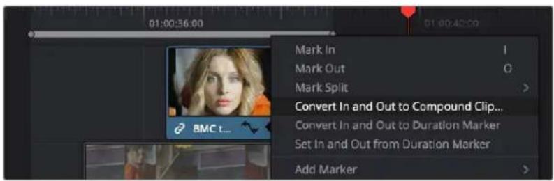 01:00:36.00 Mark In Mark Out Mark Split Convert In and Out to Compound Clip... Convert In and Out to Duration Marker Set In and Out from Duration Marker Add Marker