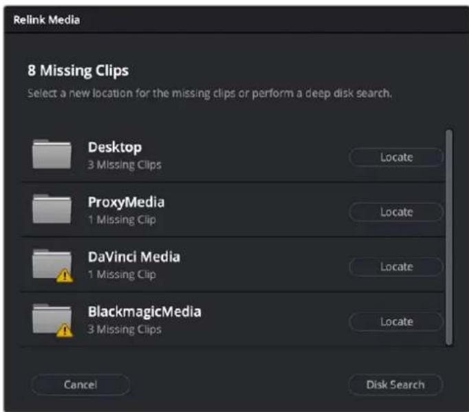 Relink Media 8 Missing Clips Select a new location for the missing clips or perform a deep disk search. Desktop 3 Missing Clips Locate ProxyMedia 1 Missing Clip Locate DaVinci Media 1 Missing Clip Locate BlackmagicMedia 3 Missing Clips Locate Cancel Disk Search
