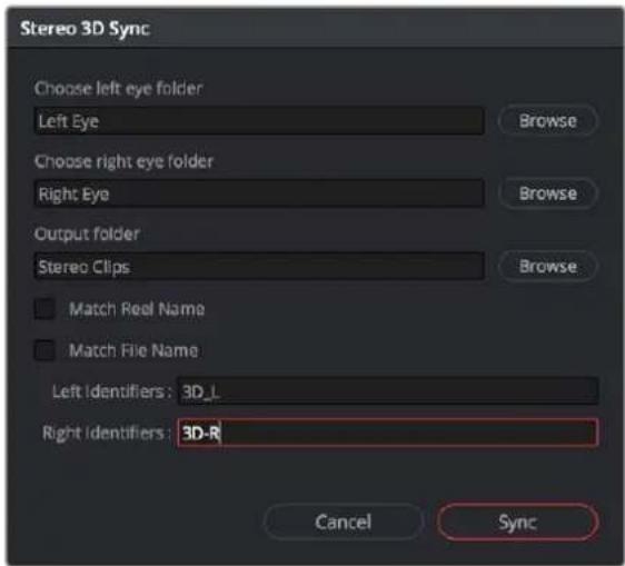 Stereo 3D Sync Choose left eye folder Left Eye Browse Choose right eye folder Right Eye Browse Output folder Stereo Clips Browse Match Real Name Match File Name Left Identifiers : 3D_L Right Identifiers : 3D-R Cancel Sync