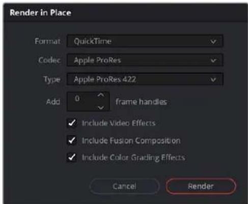 Render in Place Format: QuickTime Codec: Apple ProRes Type: Apple ProRes 422 Add: 0 frame handles ✓ Include Video Effects ✓ Include Fusion Composition ✓ Include Color Grading Effects Cancel Render