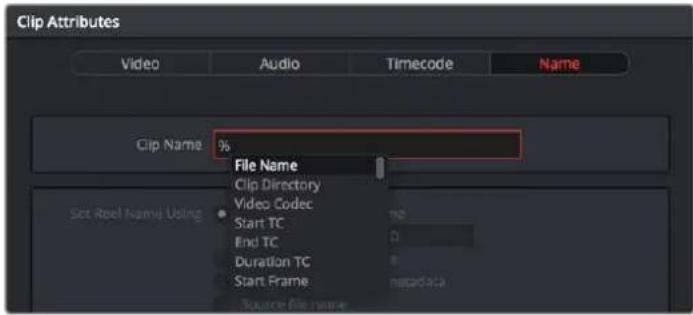 Clip Attributes Video Audio Timecode Name Clip Name % File Name Clip Directory Video Codec Start TC End TC Duration TC Start Frame Source file name