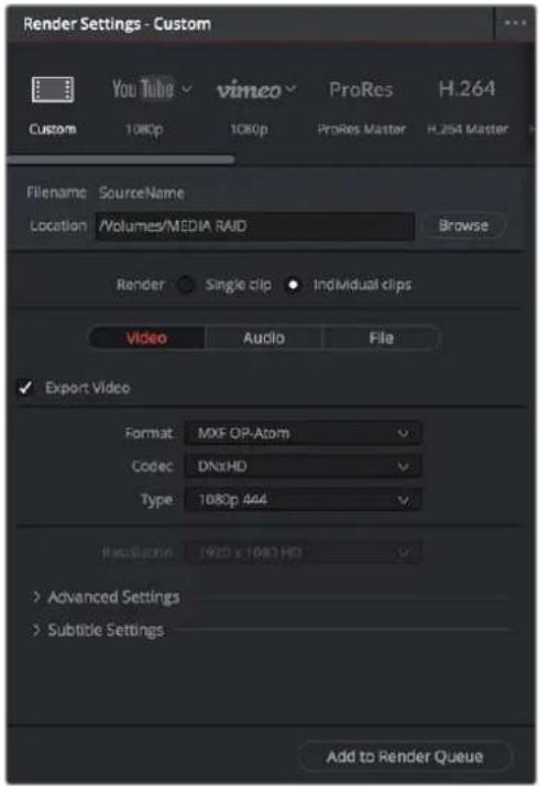Render Settings - Custom Custom You Tube vimeo ProRes H.264 1080p 1080p ProRes Master H.254 Master Filename SourceName Location Volumes/MEDIA RAID Browse Render Single clip Individual clips Video Audio File ✓ Export Video Format: MXF OP-Atom Codec DNxHD Type: 1080p 444 Recallution: (925 x 1080) HD > Advanced Settings > Subtitle Settings Add to Render Queue