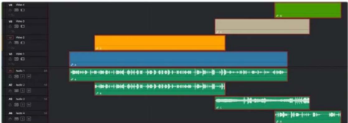 Screenshot of audio editing software interface showing multiple video and audio tracks with channel labels and timecode
