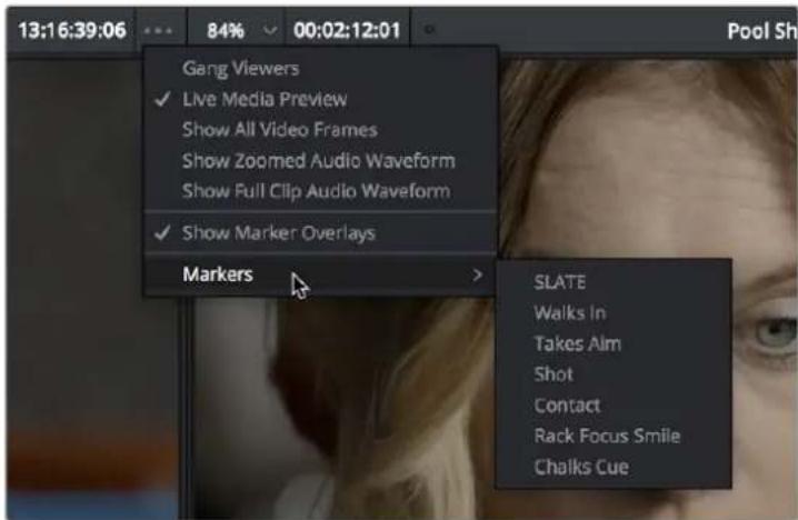 13:16:39:06 84% 00:02:12:01 Gang Viewers ✓ Live Media Preview Show All Video Frames Show Zoomed Audio Waveform Show Full Clip Audio Waveform ✓ Show Marker Overlays Markers SLATE Walks In Takes Aim Shot Contact Rack Focus Smile Chalks Cue