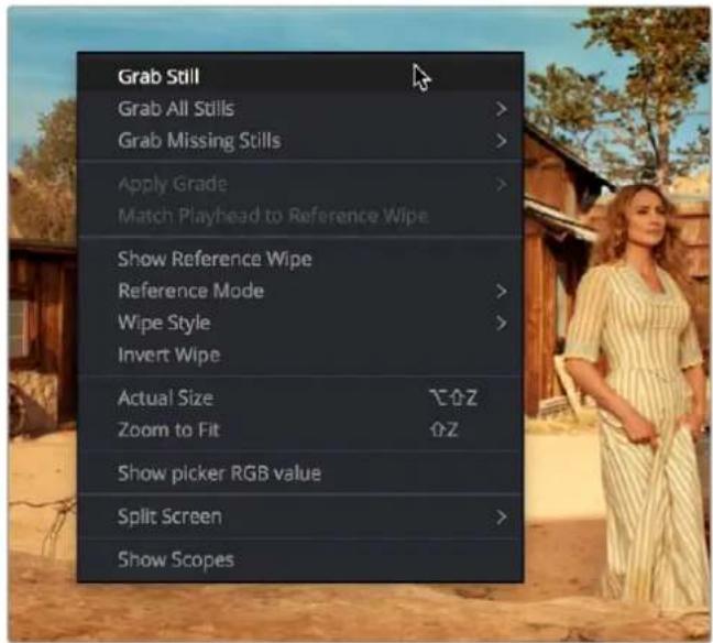 Grab Still Grab All Stills > Grab Missing Stills > Apply Grade > Match Playhead to Reference Wipe Show Reference Wipe Reference Mode > Wipe Style > Invert Wipe Actual Size Zoom to Fit Show picker RGB value Split Screen > Show Scopes