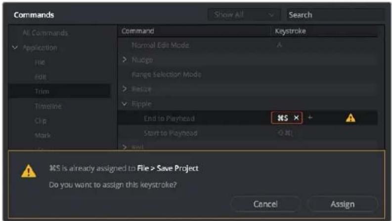 Commands Show All Search Command Keystroke Normal Edit Mode Nudge Range Selection Mode Resize Ripple End to Playhead End Start to Playhead OK! MIS is already assigned to File > Save Project Do you want to assign this keystroke? Cancel Assign