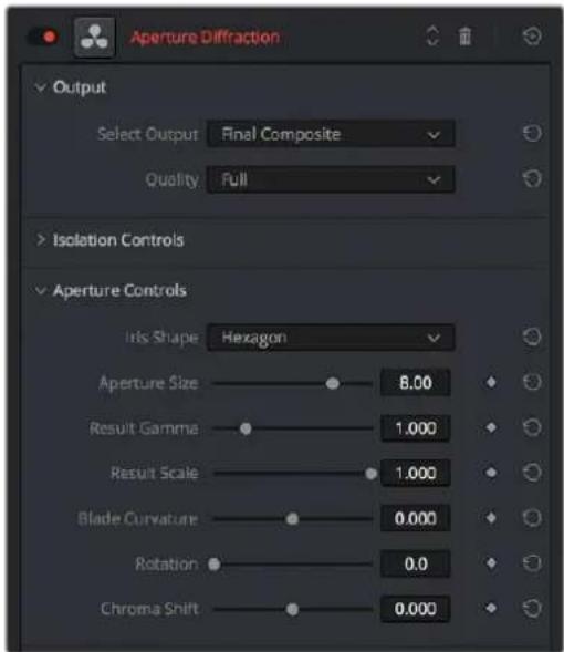 Aperture Diffraction ✓ Output Select Output Final Composite Quality Full > Isolation Controls ✓ Aperture Controls Iris Shape Hexagon Aperture Size 8.00 Result Gamma 1.000 Result Scale 1.000 Blade Curvature 0.000 Rotation 0.0 Chroma Shift 0.000