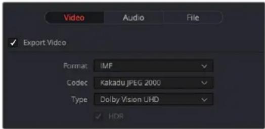 Video Audio File ✓ Export Video Format: IMF Codec: Kakadu JPEG 2000 Type: Dolby Vision UHD ✓ HDR