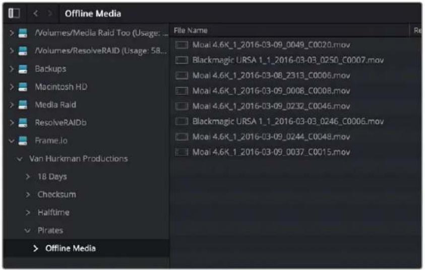 /Volumes/Media Raid Too (Usage: ... /Volumes/ResolveRAID (Usage: 58... > Backups > Macintosh HD > Media Raid > ResolveRAIDb ✓ FrameJo ✓ Van Hurkman Productions > 18 Days > Checksum > Halftime ✓ Pirates > Offline Media File Name □ Moai 4.6K_1_2016-03-09_0049_C0020.mov □ Blackmagic URSA 1_1_2016-03-03_0250_C0007.mov □ Moai 4.6K_1_2016-03-08_2313_C0006.mov □ Moai 4.6K_1_2016-03-09_0008_C0008.mov □ Moai 4.6K_1_2016-03-09_0232_C0046.mov □ Blackmagic URSA 1_1_2016-03-03_0246_C0006.mov □ Moai 4.6K_1_2016-03-09_0244_C0048.mov □ Moai 4.6K_1_2016-03-09_0037_C0015.mov