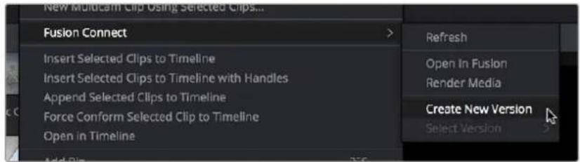 New Multicam Clip Using Selected Clips... Fusion Connect Insert Selected Clips to Timeline Insert Selected Clips to Timeline with Handles Append Selected Clips to Timeline Force Conform Selected Clip to Timeline Open in Timeline Refresh Open In Fusion Render Media Create New Version Select Version
