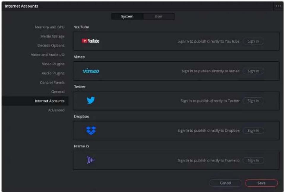 Internet Accounts System User Memory and GPU Media Storage Decode Options Video and Audio I/O Video Plugins Audio Plugins Control Panels General Internet Accounts Advanced YouTube YouTube Sign In to publish directly to YouTube Sign In Vimeo vimeo Sign In to publish directly to Vimeo Sign In Twitter Sign In to publish directly to Twitter Sign In Dropbox Sign In to publish directly to Dropbox Sign In Frame in Sign In to publish directly to Frame.in Sign In Cancel Save