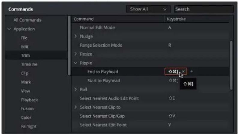 Commands Show All Search All Commands Command Keystroke ✓ Application Normal Edit Mode A File > Nudge Edit Range Selection Mode R Trim > Resize ✓ Ripple Timeline End to Playhead ✕# Clip Start to Playhead ✕[●●] Mark > Roll Playback Select Nearest Audio Edit Point O E Fusion > Select Nearest Clip to Color Select Nearest Clip/Gap O V Color Select Nearest Edit Point V