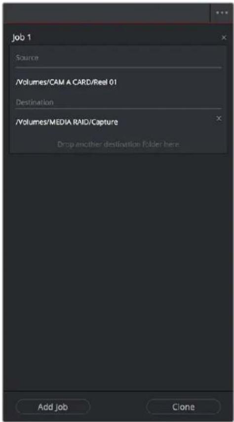 Job 1 Source /Volumes/CAM A CARD/Reel 01 Destination /Volumes/MEDIA RAID/Capture Drop another destination folder here Add Job Clone