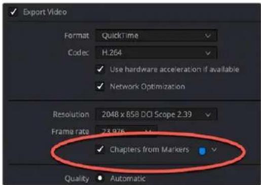 Export Video Format QuickTime Codec H.264 Use hardware acceleration if available Network Optimization Resolution 2048 x 858 DCI Scope 2.39 Frame rate 71.976 Chapters from Markers Quality • Automatic
