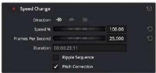 Speed Change Direction → ↔ ✉ ✉ Speed % 100.00 Frames Per Second 25,000 Duration 00:00:23:11 Ripple Sequence ✓ Pitch Correction