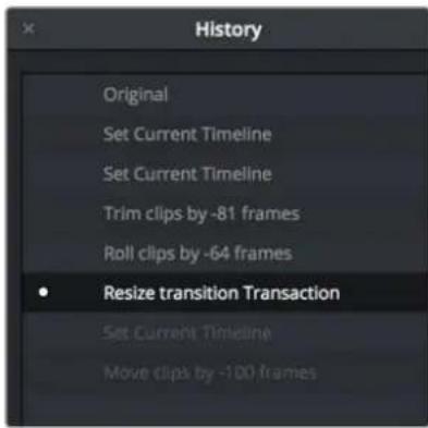 History Original Set Current Timeline Set Current Timeline Trim clips by -81 frames Roll clips by -64 frames • Resize transition Transaction Set Current Timeline Move clips by -100 frames
