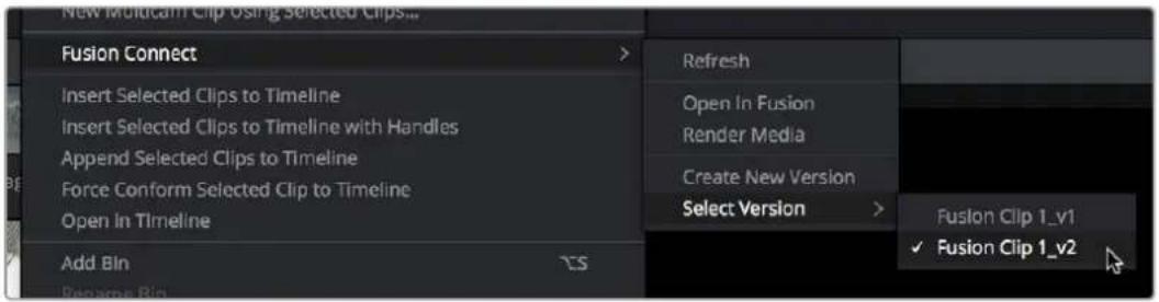 New Multicam Clip Using Selected Clips... Fusion Connect Insert Selected Clips to Timeline Insert Selected Clips to Timeline with Handles Append Selected Clips to Timeline Force Conform Selected Clip to Timeline Open in Timeline Add Bln Refresh Open In Fusion Render Media Create New Version Select Version Fusion Clip 1_v1 ✓ Fusion Clip 1_v2