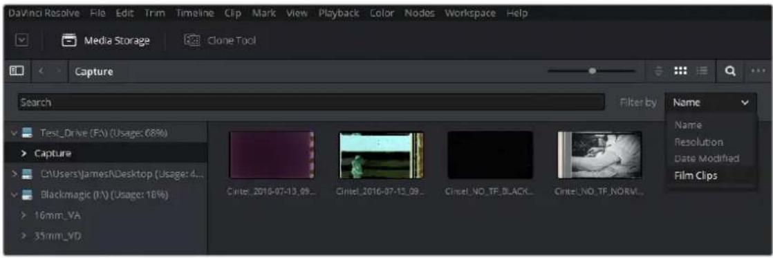 DaVinci Resolve File Edit Trim Timeline Clip Mark View Playback Color Nodos Workspace Help Media Storage Clone Tool Capture Search Filter by Name Test_Drive (FX) (Usage: 68%) Capture CMUsers\James\Desktop (Usage: 4... Blackmagic (1A) (Usage: 16%) 16mm_VA 35mm_VD Cintel_2016-07-13.09... Cintel_2016-07-13.09... Cintel_NO_TF_BLACK... Cintel_NO_TF_NORM... Name Resolution Date Modified Film Clips