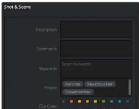 Shot & Scene Description Comments Keywords Enter Keywords People Heroine Swatchbuttoner Crewmember Clip Color