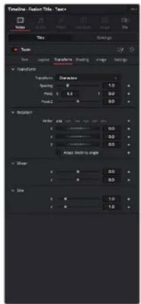Timeline - Fusion Title - Text Video Title Settings Tools Text Logistic Transform Shading Shape Settings Transform Characterize Spacing: 0 1.0 Print: 5.0 90 Print C: 00 Adjust Order: 125 Size: 125 100 100 100 100 Close Back to Angle Shape X: Y: Z: Size C: 1.0 F: 1.0