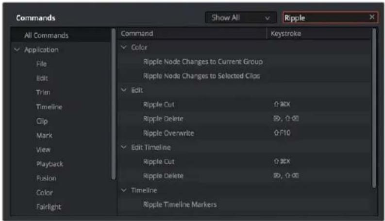 Commands All Commands ✓ Application File Edit Trim Timeline Clip Mark View Playback Fusion Color Fairlight Command Show All Ripple Keystroke ✓ Color Ripple Node Changes to Current Group Ripple Node Changes to Selected Clips ✓ Edit Ripple Cut ✓ RFX Ripple Delete ✓ ✓ ✓ ✓ Ripple Overwrite ✓ ✓ ✓ ✓ ✓ Edit Timeline Ripple Cut ✓ ✓ ✓ Ripple Delete ✓ ✓ ✓ ✓ Timeline Ripple Timeline Markers
