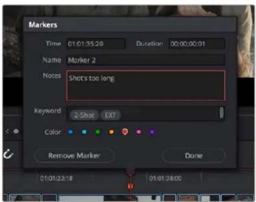 Markers Time 01:01:35:20 Duration 00:00:00:01 Name Marker 2 Notes Shot's too long Keyword 2-Shot EXT Color Remove Marker Done 01:01:22:18 01:01:28:00