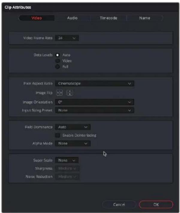 Clip Attributes Video Audio Timecode Name Video Frame Rate 24 Data Levels Auto Video Full Pixel Aspect Ratio CinemaScope Image Flip Image Orientation 0° Input String Preset None Field Dominance Auto Enable Deinterlacing Alpha Mode None Super Scale None Sharpness Medium v Noise Reduction Medium v Cancel OK