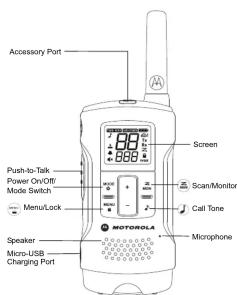 Accessory Port Push-to-Talk Power On/Off/ Mode Switch Menu/Lock Speaker Micro-USB Charging Port Screen Scan/Monitor Call Tone Microphone