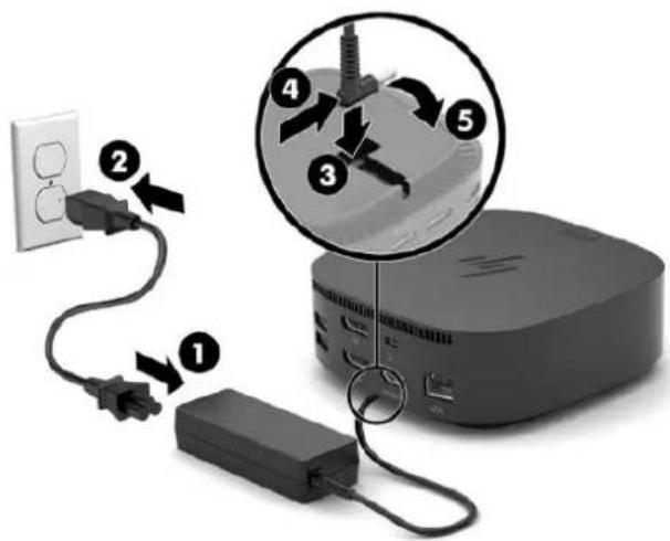 Diagram showing cable connection to a device with numbered instructions for power, cable, and cable assembly steps.