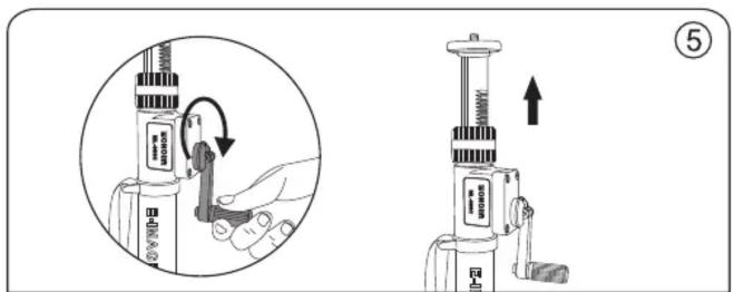 Technical diagram showing a hand operating a device with a circular inset view and a separate mechanical assembly with an arrow indicating rotation.