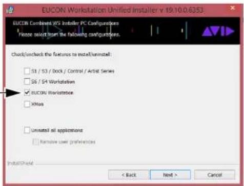 EUCON Workstation Unified Installer v 19.10.0.6353 EUCON Combined WS Installer PC Configurations Please insert from the following configurations. Check/uncheck the features to install/uninstall: □ S1 / S3 / Dock / Control / Artist Series □ S6 / S4 Workstation ✓ EUCON Workstation □ XMax □ Uninstall all applications □ Remote User preferences Install/Install < Back Next > Cancel