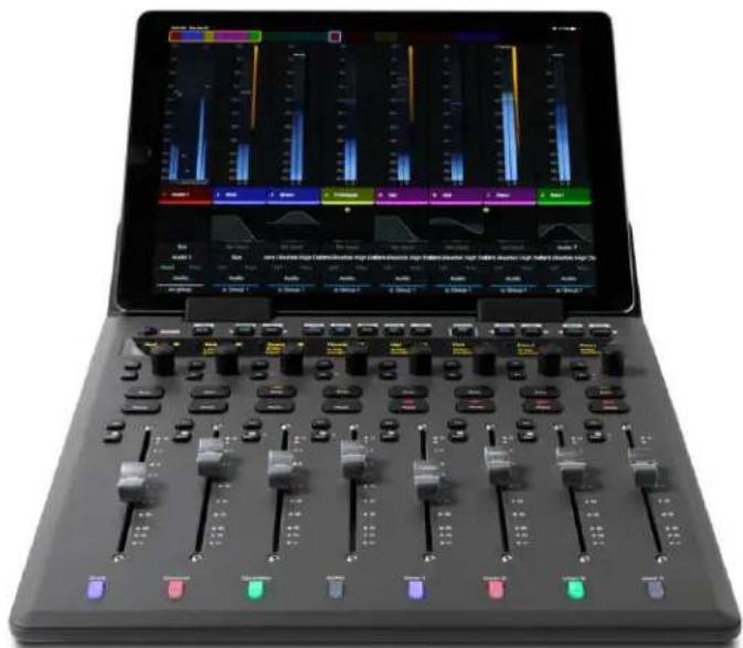 Digital audio editing software interface displaying multiple audio level switches and a tablet screen showing waveform graphs